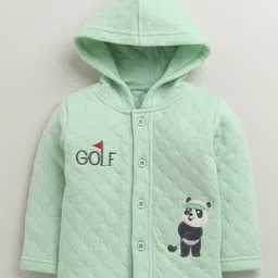 Bumzee Knit Full Sleeves Hooded Winter Wear Set with Panda & Text Print - Light Green & Navy Blue image 2