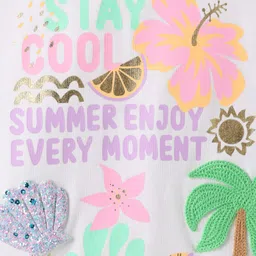 Little Kangaroos Cotton Knit Frill Sleeves Tops With Shell Patch & Tropical Theme Print - White image 3