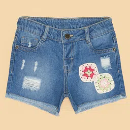 Pantaloons Junior Cotton Crotchet Applique Detailed Distressed Shorts - Blue image 4