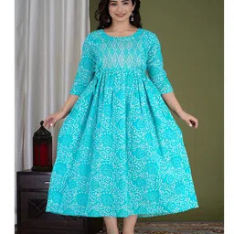 NEVISHA STYLE Cotton Woven Three Fourth Sleeves Floral Swirls Printed Maternity Kurta With Side Zipper Nursing Access - Blue image 4