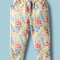 ToffyHouse 100% Knitted Cotton Full Sleeves Top & Lounge Pants Co-Ord Set With Frill Detailing & Floral Print - Offwhite image 4