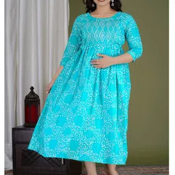 NEVISHA STYLE Cotton Woven Three Fourth Sleeves Floral Swirls Printed Maternity Kurta With Side Zipper Nursing Access - Blue image 5