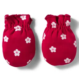 Babyhug 100% Cotton Knit Cap Mittens & Booties Set with Floral Print Red - Diameter 11 cm image 4