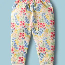 ToffyHouse 100% Knitted Cotton Full Sleeves Top & Lounge Pants Co-Ord Set With Frill Detailing & Floral Print - Offwhite image 5