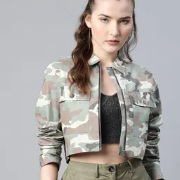 Popnetic Women Green & White Camouflage Print Pure Cotton Crop Jacket-image-87