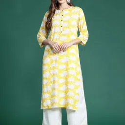 Indo Era Yellow Printed Straight Kurta image 1