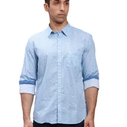 Parx Blue Pure Cotton Slim Fit Printed Shirt-image-5