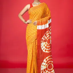 Unnati Silks Yellow & Red Cotton Printed Saree With Unstitched Blouse image 1