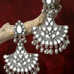 Moedbuille Mirrors and Ghungroo Afghan Tribal Design Oxidised Silver Plated Tassel Earrings image 1