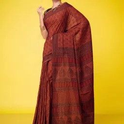 Unnati Silks Brown Cotton Printed Saree With Unstitched Blouse image 1