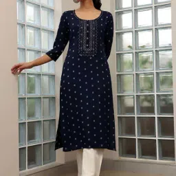 Libas Navy Cotton Embroidered Straight Kurta image 5