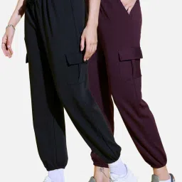 BUYNEWTREND Black & Purple High rise Joggers (Pack Of 2) image 1