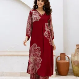 Kaftanize Maroon Viscose Rayon Regular Fit Straight Kurta Set image 1