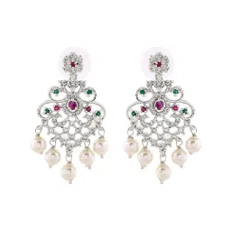 Estele Rhodium-Plated CZ Majestic Pearl & Multi Color Crystals Dangler Earrings image 2