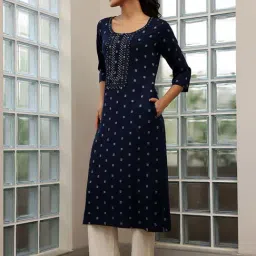 Libas Navy Cotton Embroidered Straight Kurta image 3