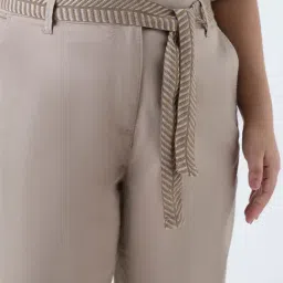 Gia by Westside Beige Solid High-Rise Cotton-Blend Pants with Belt image 4