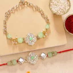 Karatcart Light Green Beads Floral Design Handmade Kundan Bhaiya Bhabhi Rakhi with Roli & Chawal-image-7