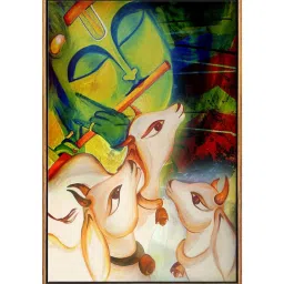 999Store Green Canvas Lord Krishna Cow Painting Wall Art image 2
