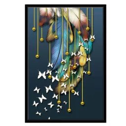 999Store Turquoise Blue Feathers With Flying Butterfly Golden Line Art Canvas Painting image 2