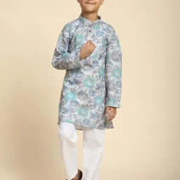 Pro-Ethic Style Developer Boys Grey & Blue Cotton Printed Full Sleeves Kurta Sets image 1