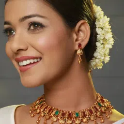 Aatmana Gold-Plated Red & Green Stone-Studded & Beaded Temple Necklace Set image 2