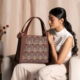 ZOUK Royal Indian Peacock Motif Trapezia Brown Printed Tote Bag image 2