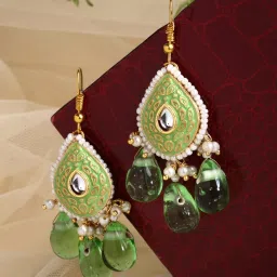 Dugran By Dugristyle Green & White Drop Earrings with Kundan & Pearls for Women image 2