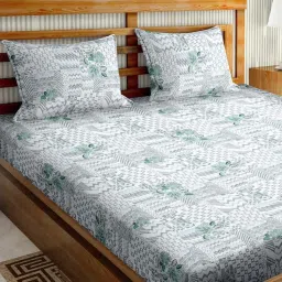 Bella Casa Paris Collection Green & White Cotton 180 TC Super King Size Bedsheet with 2 Pillow Covers image 2
