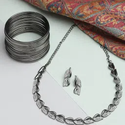 Zeneme Silver Plated Black Toned CZ Studded Jewellery Set image 1