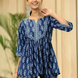 Libas Blue Cotton Printed A Line Kurti image 1