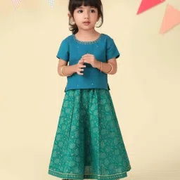 Fabindia Girls Green Cotton Printed Lehenga Set image 1