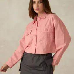 VIRGIO Pink Cotton Solid Long Sleeves Jacket image 3