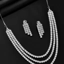 Voylla Silver Sparkling Elegance Celestia Gleam Layered American Diamond Necklace & Earring Set-image-8