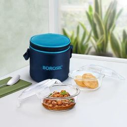 Borosil Blue Glass Leak Proof Lunch Box with Bag - Set of 2 (400 ml)-picture-42