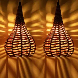 ExclusiveLane Red & Beige Iron Handwoven Conical Hanging Pendant Lamp - Set of 2 image 1