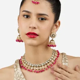 Zaveri Pearls Green Meenakari Rani Pink Bead Kundan Choker Necklace Earring Maangtikka Set-ZPFK17188-picture-16