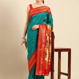 Varkala Silk Sarees Rama Green & Red Woven Saree With Unstitched Blouse-picture-38