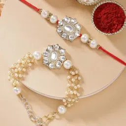 Karatcart Pearl Beaded Floral Design Handmade Kundan Bhaiya Bhabhi Rakhi with Roli & Chawal-picture-34