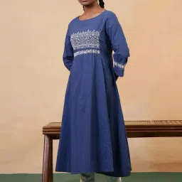 Folksong By W Blue Pure Cotton Solid Kurti image 3