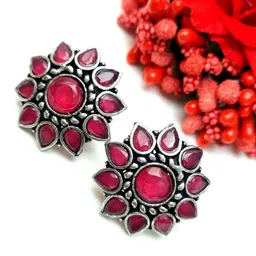 Yash Jewels Emporiums Silver-Plated Artificial Stones Studded Floral Shaped Oxidized Studs-image-72