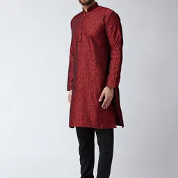 SOJANYA Men Maroon & Black Self Design Kurta with Churidar image 5