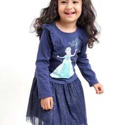 Babyhug 100% Cotton Full Sleeves Princess Elsa Top & Glitter Embellished Skirt Set - Navy-image-67