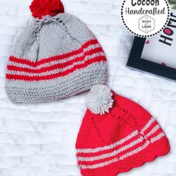 COCOON ORGANICS Handcrafted Soft & Warm Striped Bobble Caps - Red & Grey image 1