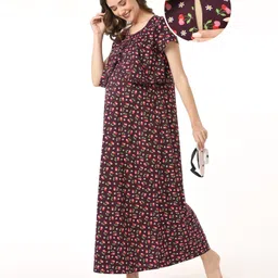 Bella Mama 100% Cotton Knit Half Sleeves Nighty with Concealed Zipper Floral Print - Maroon-picture-26