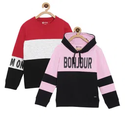 3PIN Set Of 2 Bonjour Text & Color Blocked Sweatshirts - Red & Pink-picture-15