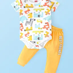 Babyhug 100% Cotton Interlock Knit Half Sleeves Onesies with Leggings Animal Print- Yellow & White-picture-11