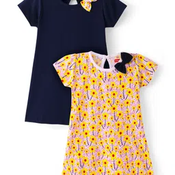 Babyhug 100% Cotton Knit Single Jersey Half Sleeves Frocks With Bow Applique & Floral Print Pack Of 2 - Multicolor-picture-38