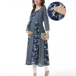 Bella Mama Three Fourth Sleeves Floral Printed Overlapped Maternity Kurta With Pocket - Blue-picture-32