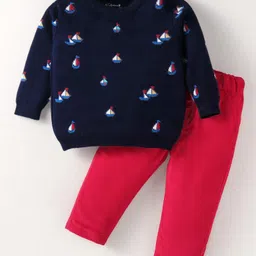 ToffyHouse Cotton Knit Winter Wear Suits Full Sleeves Boat Design Sweatshirt & Solid Color Joggers Set - Navy Blue & Red-image-95