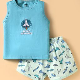 CUCUMBER Sinker Knit Sleeveless Shorts Night Suit With Space Shuttle Print - Light Blue-picture-22